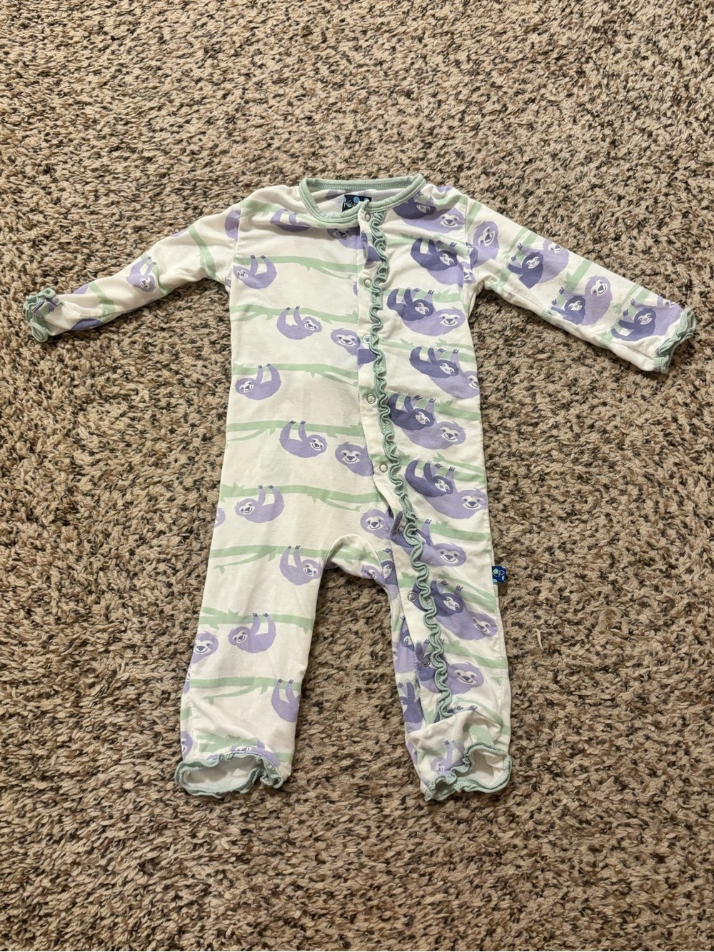 Kickee Pants Lavender Sloth Print Ruffle Footie with Mint Accents